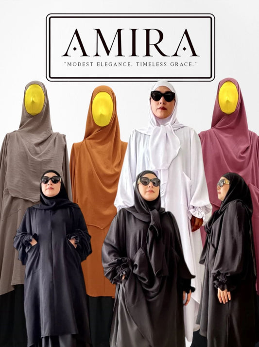 Amira clothing brand advertisement with models wearing various AMIRA MIDI HIJABS.